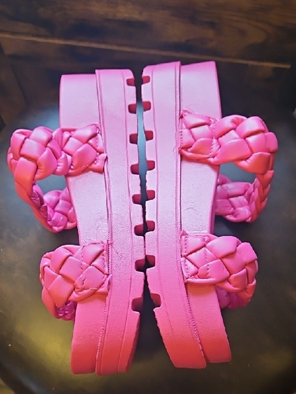 New Catherines Bright Pink Braided Double-Strap Slide Sandals - Picture 3 of 3